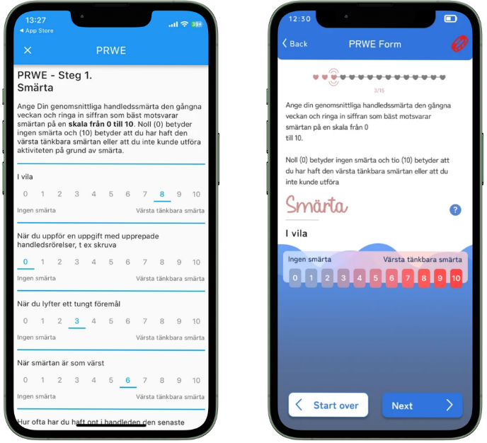 Before / After — original multi-question PRWE form vs single-question per-page redesign